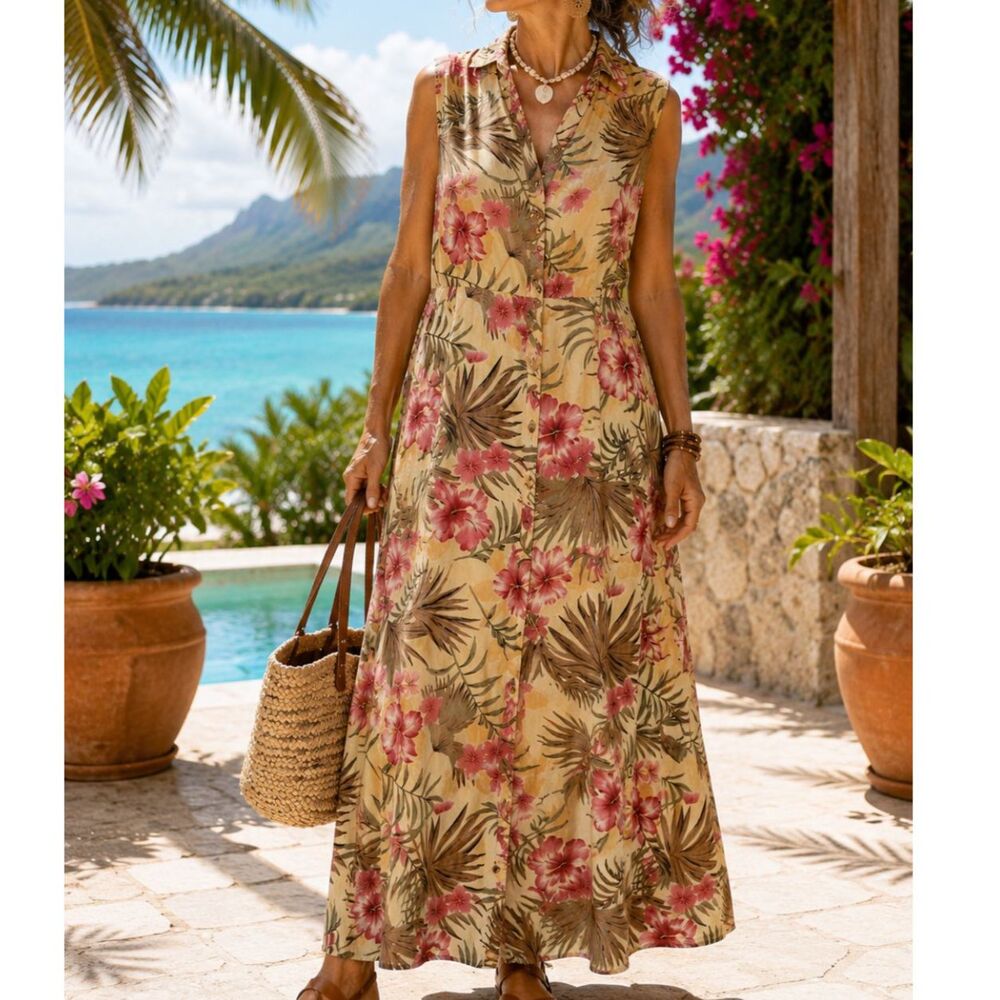 Vintage Bahama Beach Hawaiian Maxi Dress XL Tropical Hibiscus Floral Rayon Resor